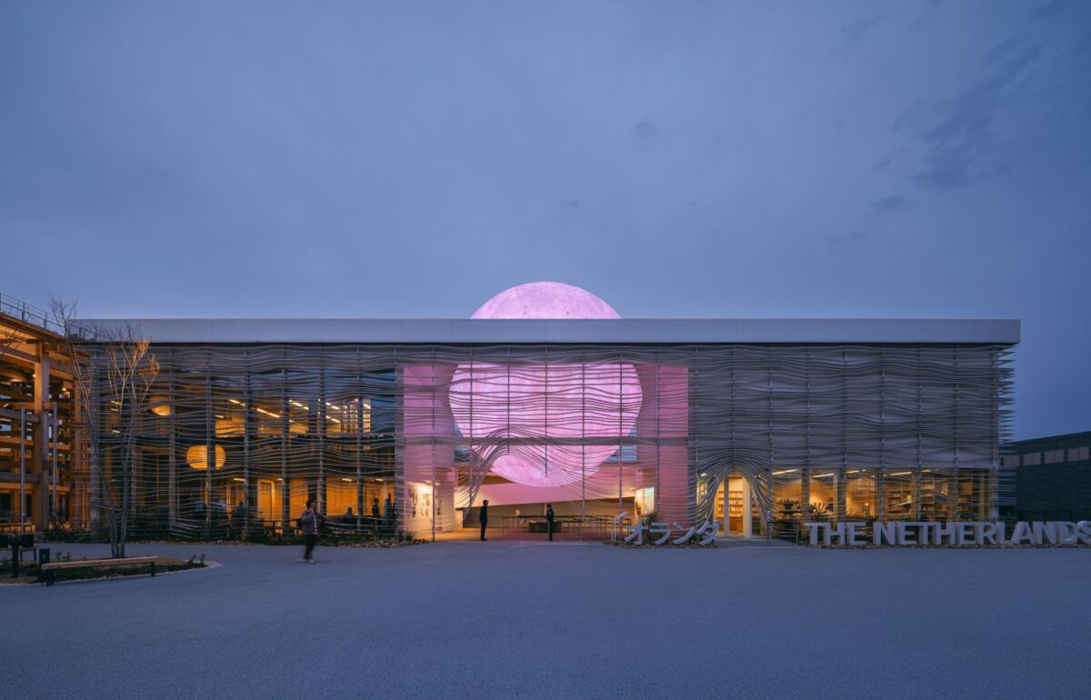 Main Facade of the Netherlands Pavilion at Osaka Expo 2025 in the evening